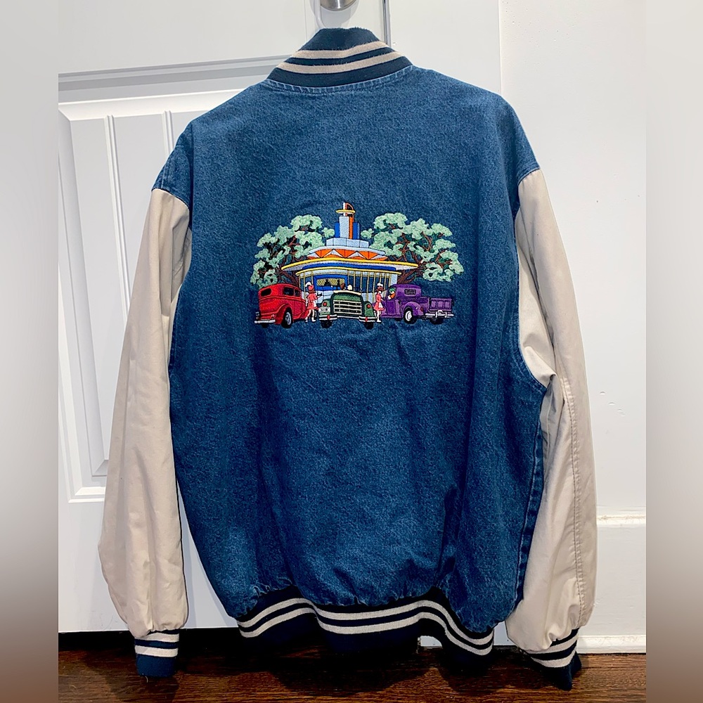 Vintage jean jacket. Excellent quality. The embroidery on the back is vibrant.